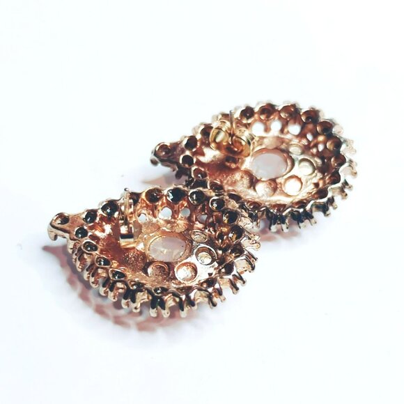 Vintage Rose Quartz Pink Cabochon Teardrop Earrings With Rhinestones - Picture 4 of 5